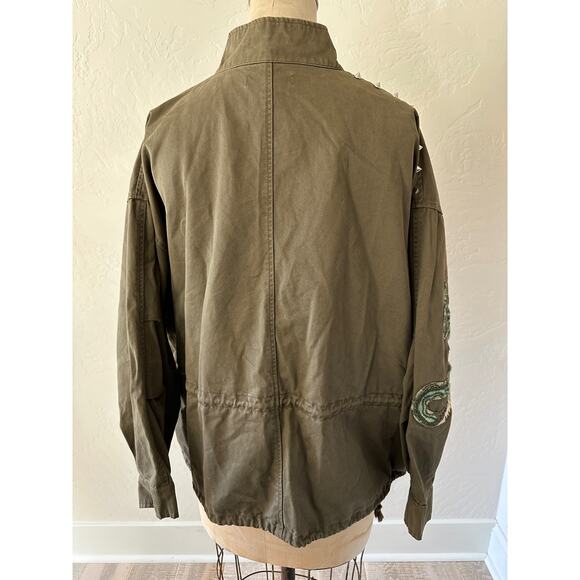 H&M | Womens Army Green Cotton Twill Bird Flower Bee Patch Bomber Jacket Small - Picture 13 of 15